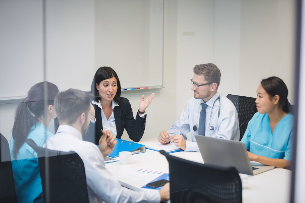 Healthcare employees in a meeting