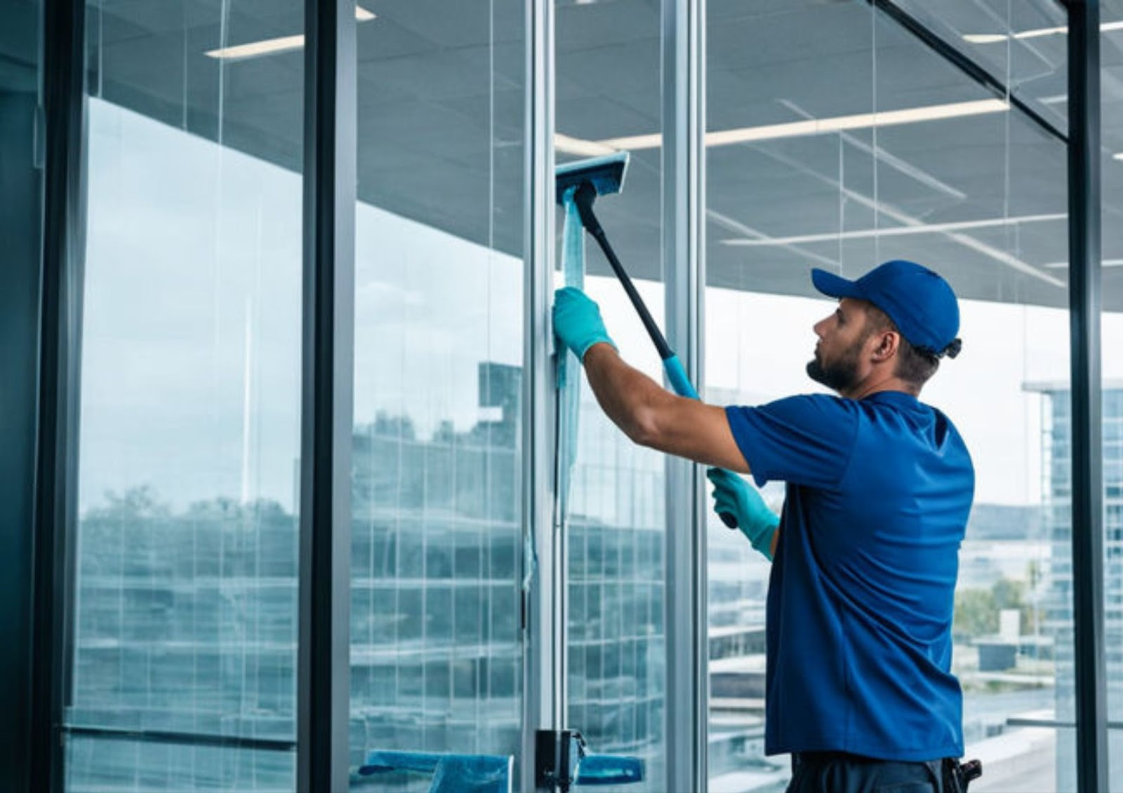 Professional cleaner cleaning glass doors