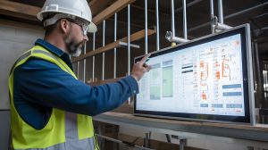 Technician using facility maintenance management software